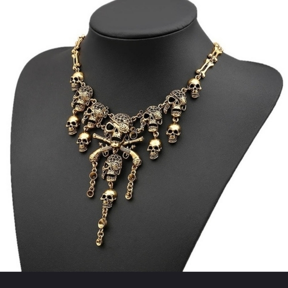 None Jewelry - SALE Unique Pirate Skeleton Skull Gold-tone Drop Down Dangle Necklace
